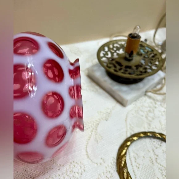 Vintage Fenton Opalescent Coin Dot Cranberry Boudoir Glass Lamp Light PAIR Marbl - Picture 16 of 16